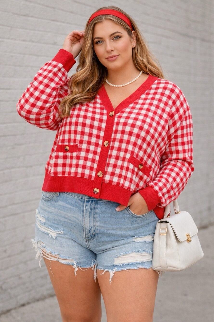 Ellandemm Red Gingham Cottage Core Button Up Cardigan XL